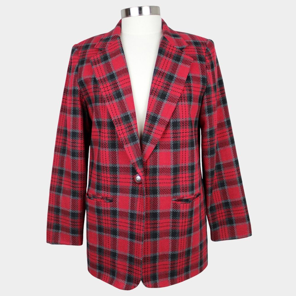 Vintage 80s Red Plaid Wool Blazer Jacket Size 8